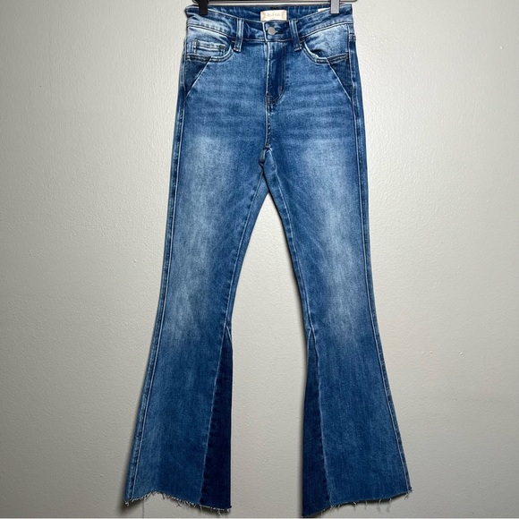 Altar'd State Women Jeans 24" Flare Bell Botton Raw Hem Mid Wash Denim High Rise - Picture 1 of 9